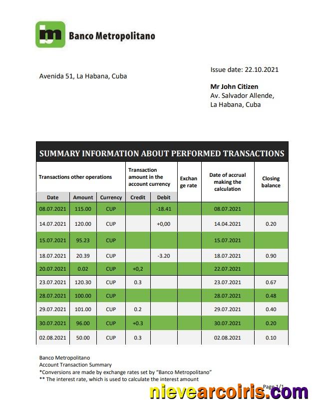 Cuba Banco Metropolitano bank statement